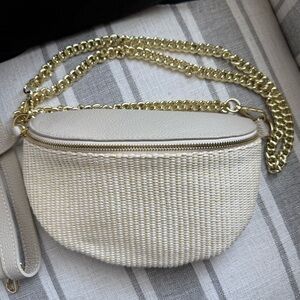 Elie Beaumont Raffia Crossbody Bag with Gold Chain Strap